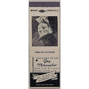 VTG Matchbook Cover The Gay Philosopher Restaurant Liquor Richmond IN Indiana
